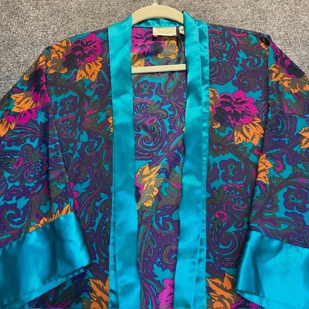 Vintage 80s Victoria Secret Gold Label Turquoise Floral Paisley Robe One Size